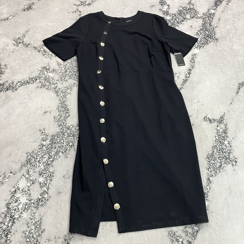 Eloquii Black Gold Button Midi Sheath Dress Short Sleeve Plus Size 24